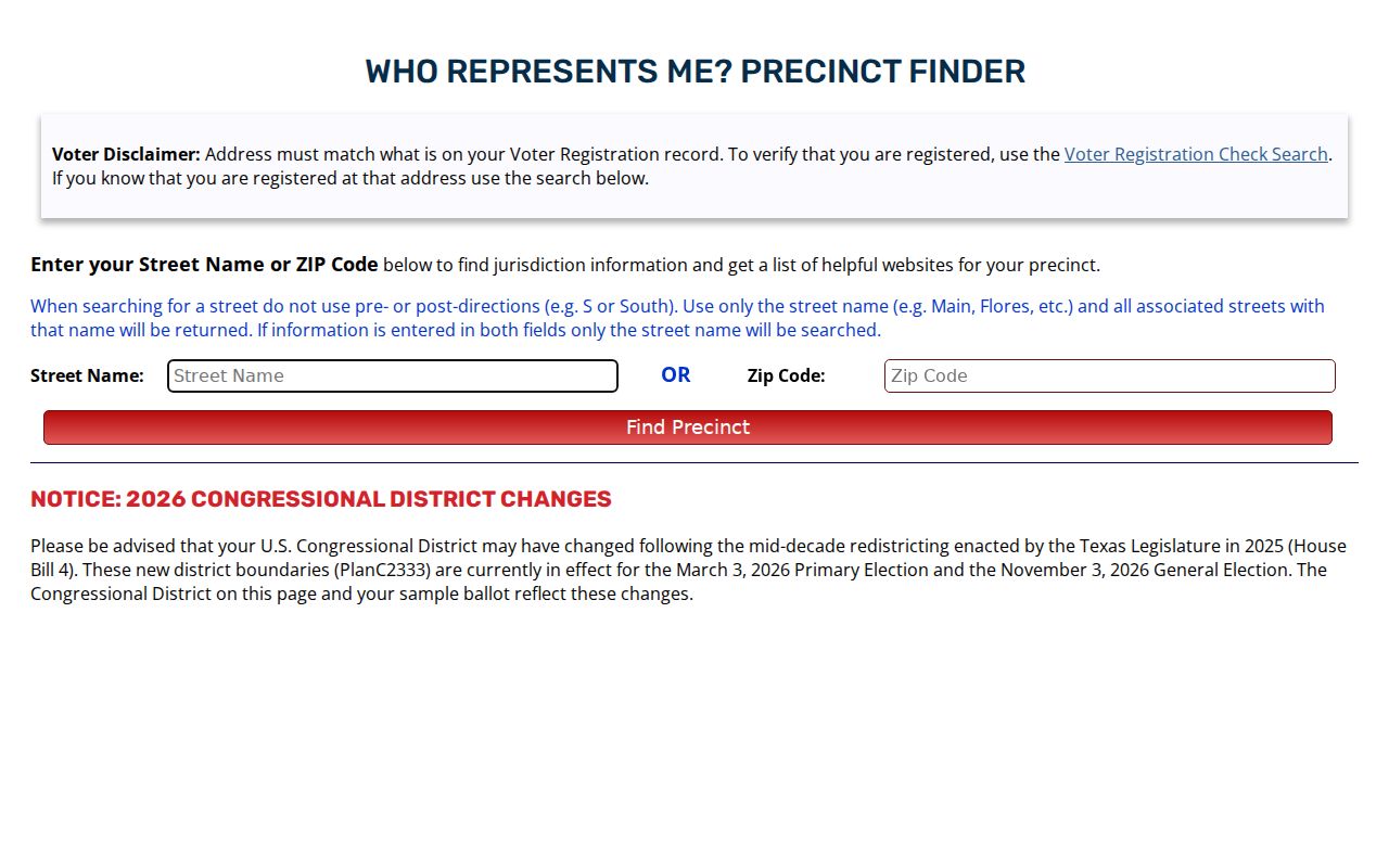 Converse resident lookup Precinct Finder street and ZIP search screen