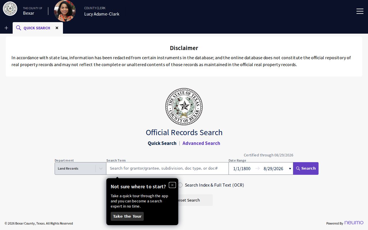 Converse street directory Bexar deed index search interface
